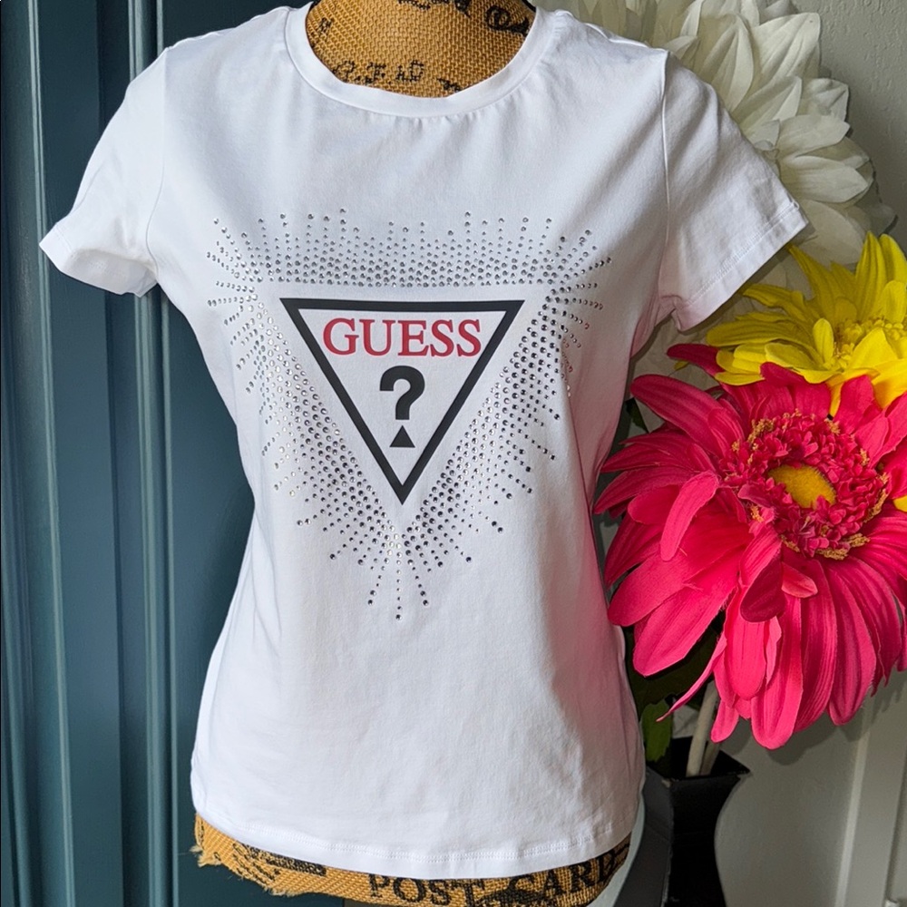 Guess White Pink Fitted Short Sleeve Tee